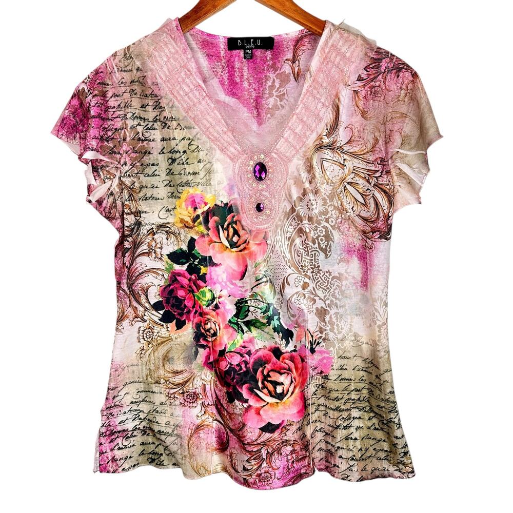 Y2K Coquette Vintage Floral Beaded Rhinestone Multicolor Pink Tee Size PM